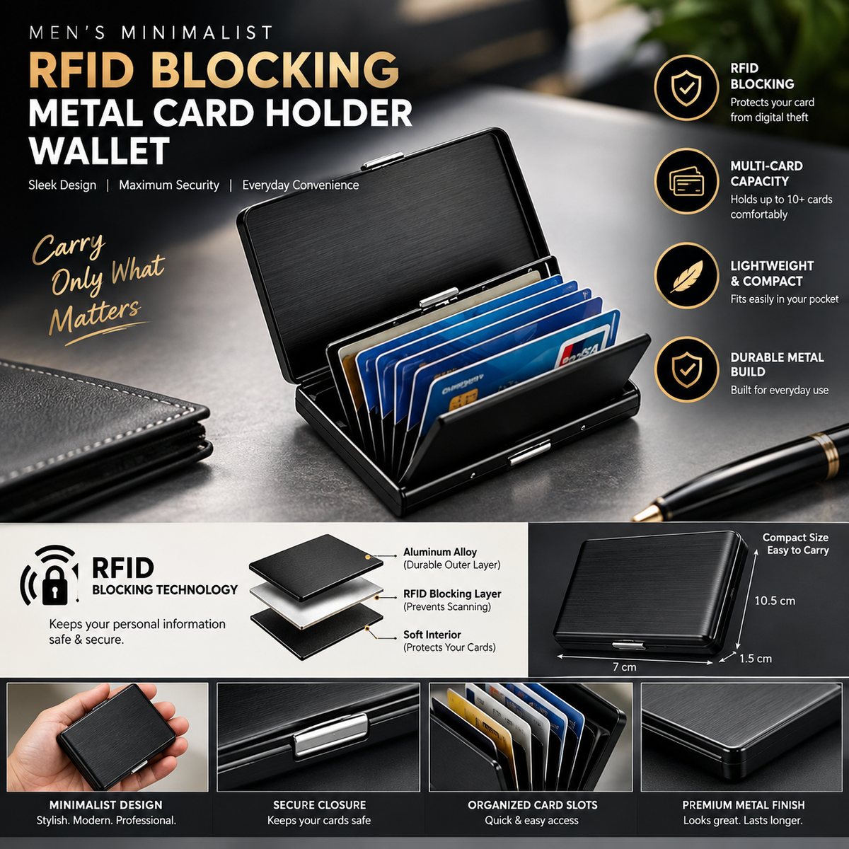 Mens minimalist RFID blocking metal card holder wallet